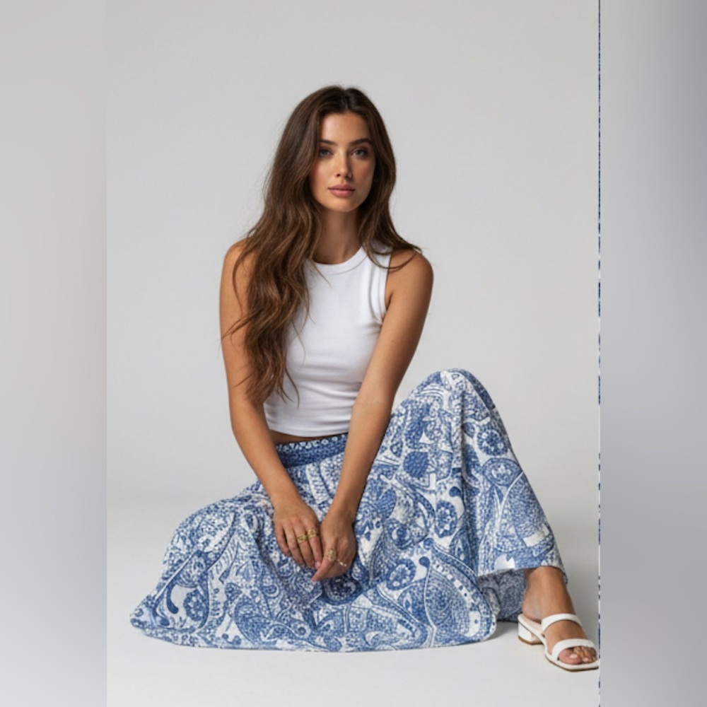 Bohemian Print Long Flared Shirred Skirt Blue - Picture 4 of 10